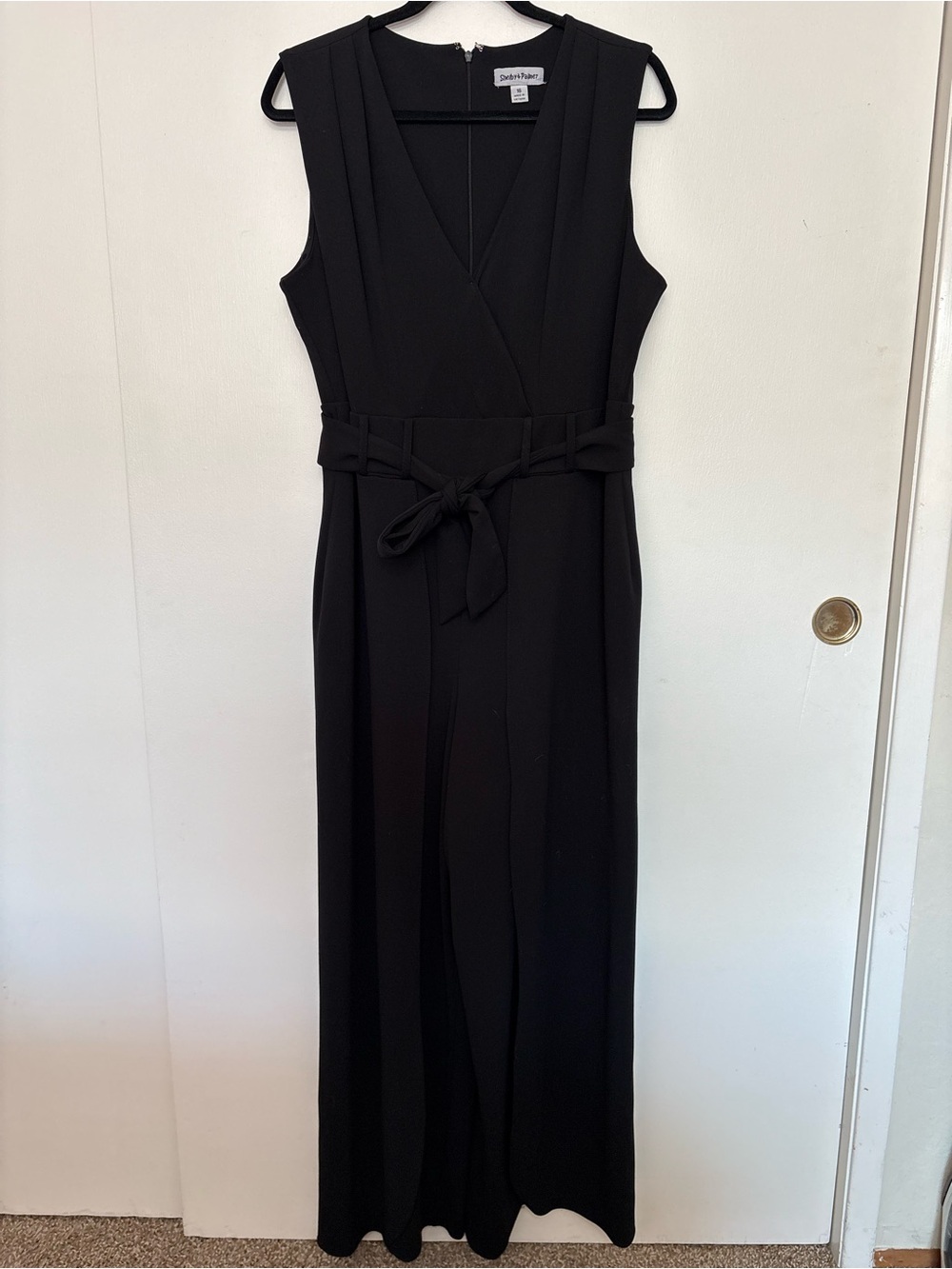Shelby & Palmer Black Sleeveless Palazzo Romper with Waist Tie and slits